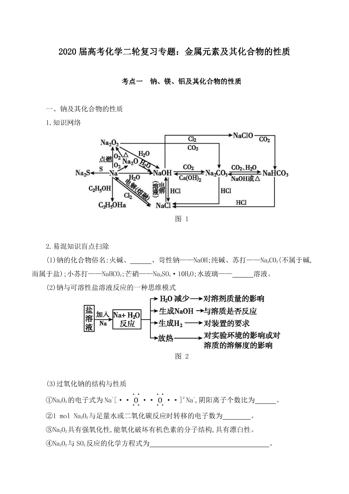 2020届高考化学二轮复习专题：金属元素及其化合物的性质答案