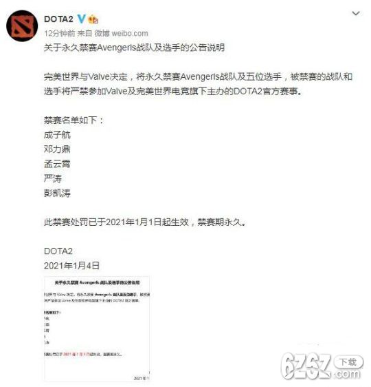 《Dota2》发布公告宣布Avengerls战队及五位选手进行永久禁赛